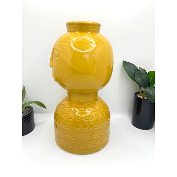 Three Hands Yellow Ceramic-Porcelain Decorative Vase With Face Design - Picture 3 of 8